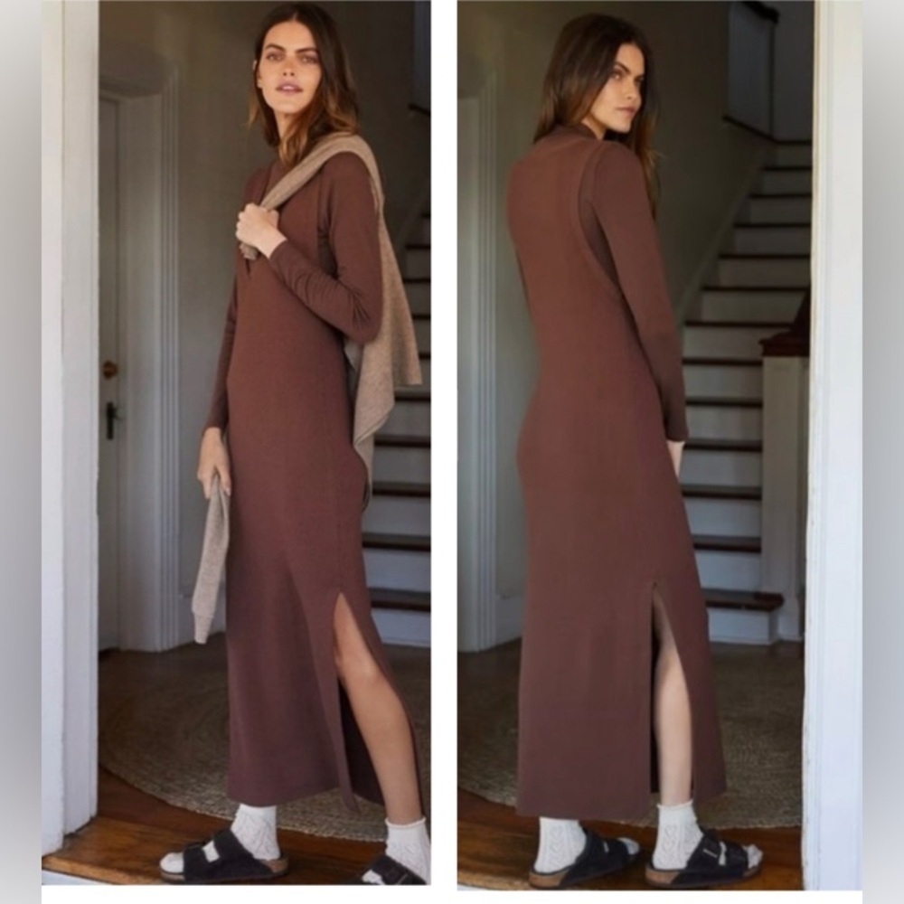 ANTHRO DAILY PRACTICE XL Slim V neck chocolate Brown ribbed sweater maxi dress